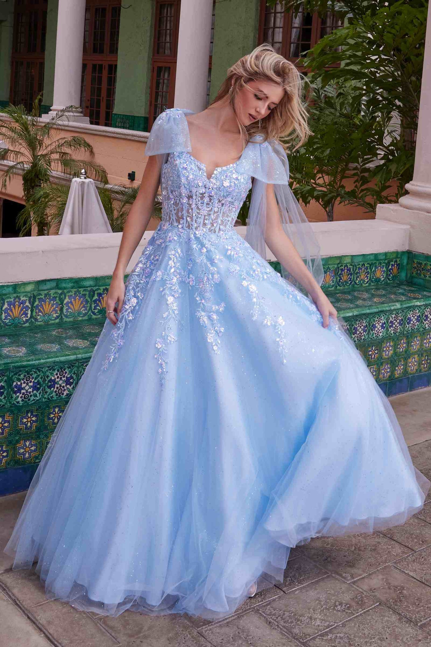 Nox Anabel H1680 Vestido de tul con apliques, tirantes drapeados y atados