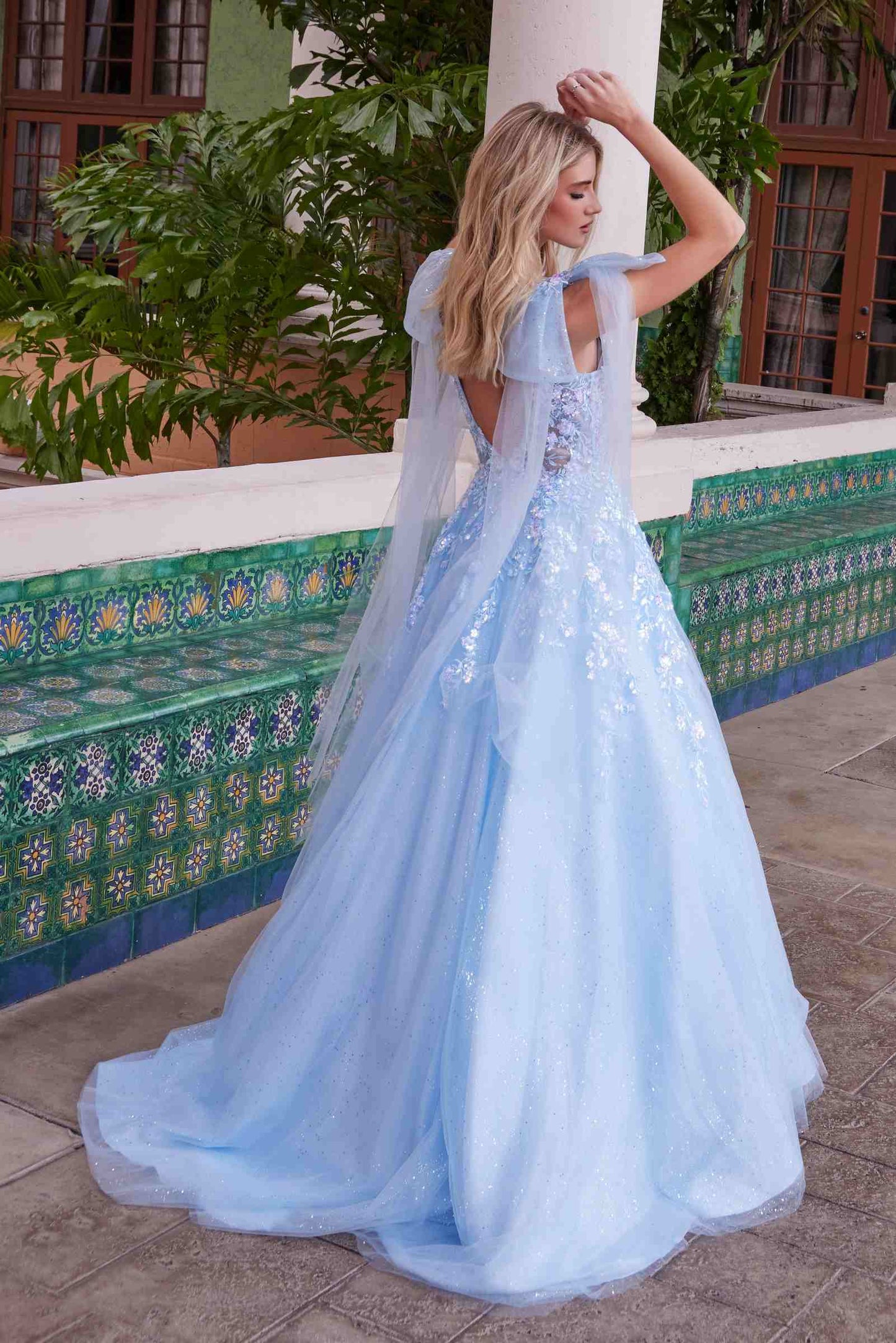 Nox Anabel H1680 Vestido de tul con apliques, tirantes drapeados y atados