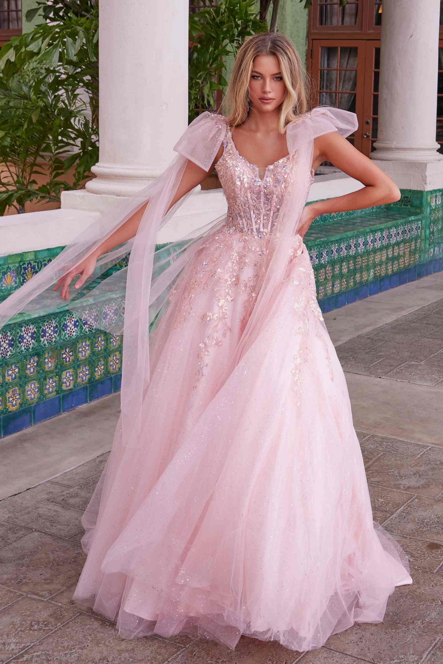 Nox Anabel H1680 Vestido de tul con apliques, tirantes drapeados y atados