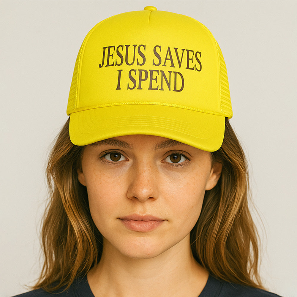 JESUS SAVES I SPEND Message Printed Five Panel Mesh Back Trucker Hat