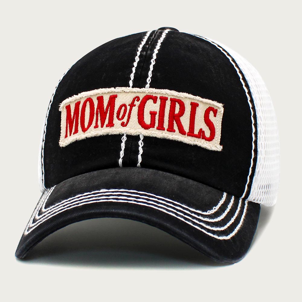 Gorra de béisbol con parte trasera de malla y mensaje "MAMÁ DE NIÑAS"
