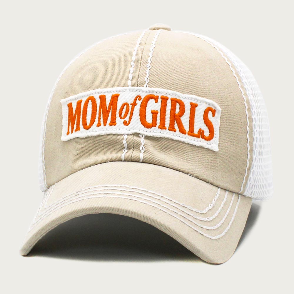 Gorra de béisbol con parte trasera de malla y mensaje "MAMÁ DE NIÑAS"