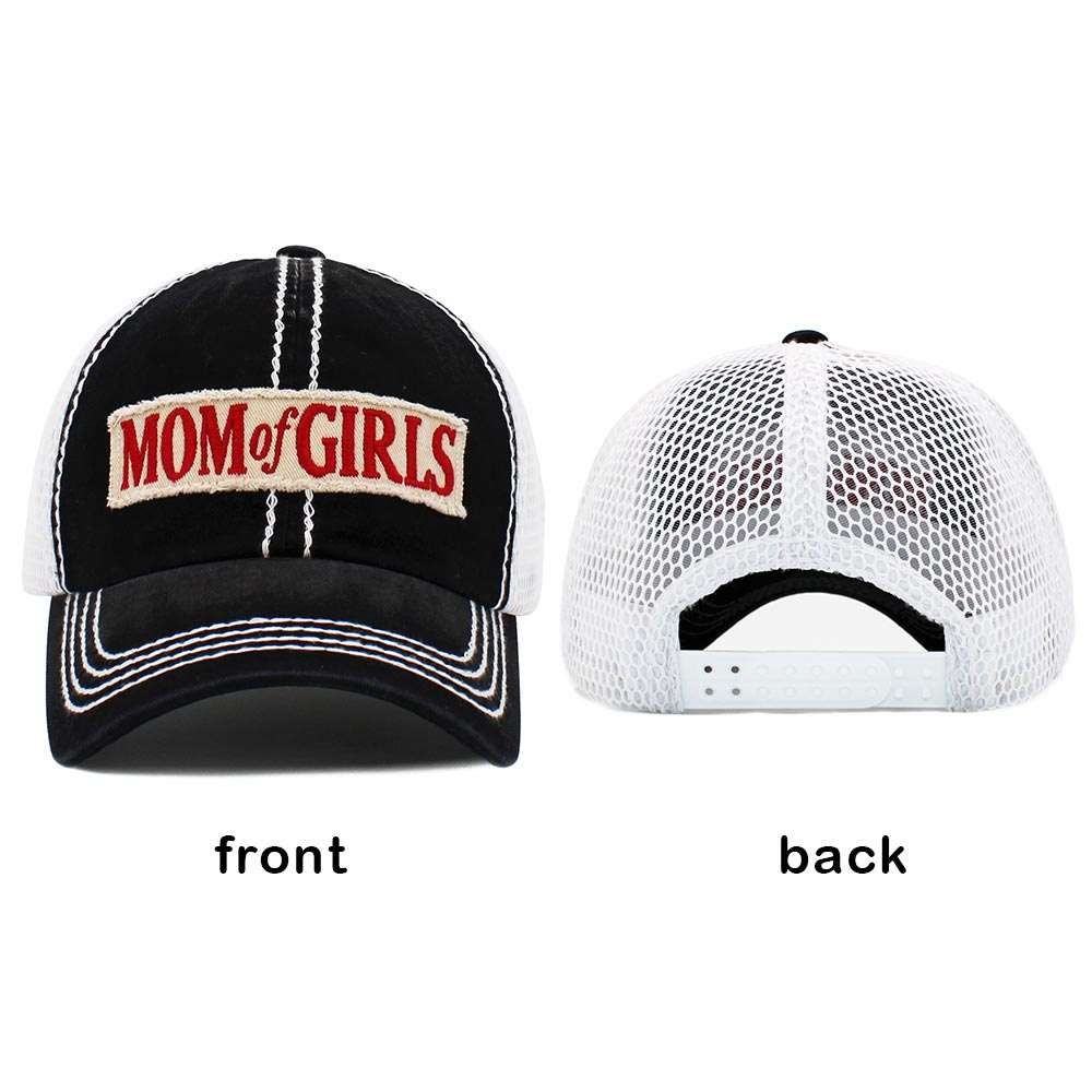 Gorra de béisbol con parte trasera de malla y mensaje "MAMÁ DE NIÑAS"