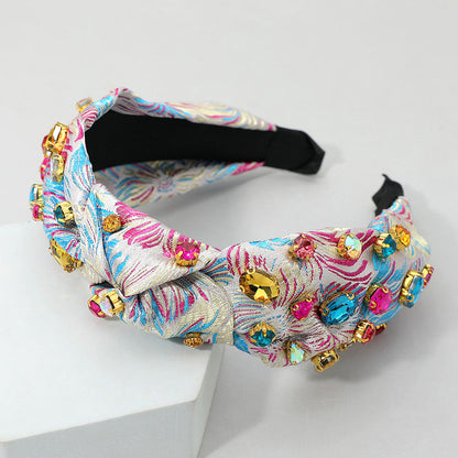 Oval Round Stone Cluster Embellished Jacquard Knot Headband