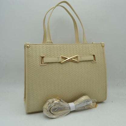 Woven Tote Bag with Decorative Gold Buckle and Crossbody Strap