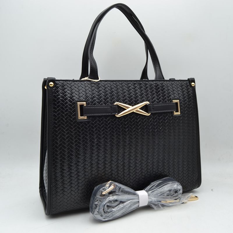 Woven Tote Bag with Decorative Gold Buckle and Crossbody Strap