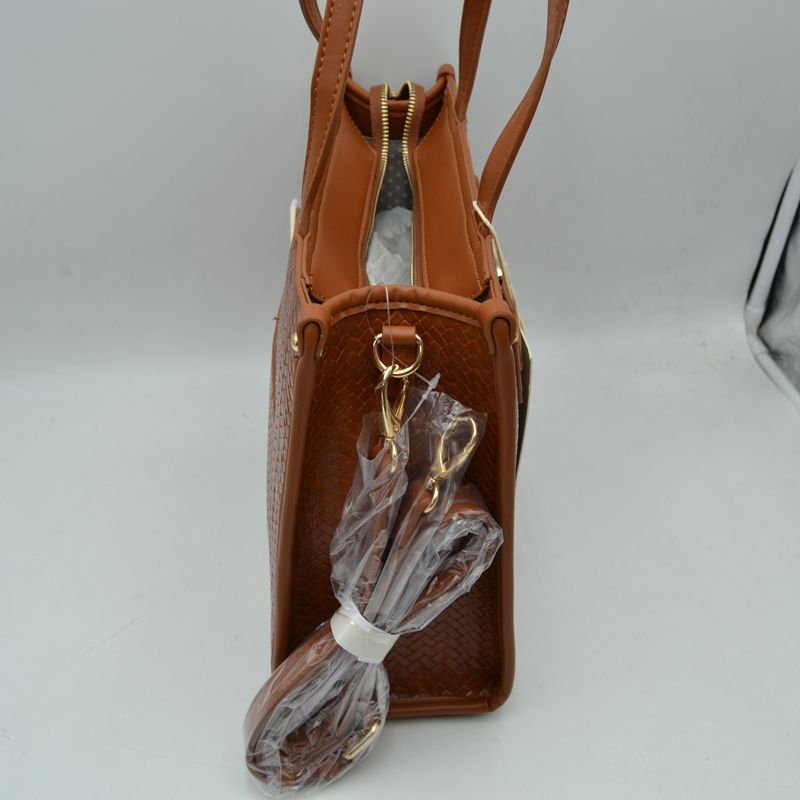 Woven Tote Bag with Decorative Gold Buckle and Crossbody Strap