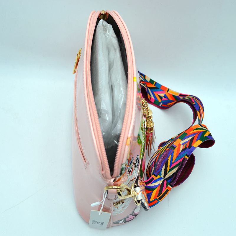 Ostrich-Embossed Dome Crossbody Bag with Dual Tassel Zippers