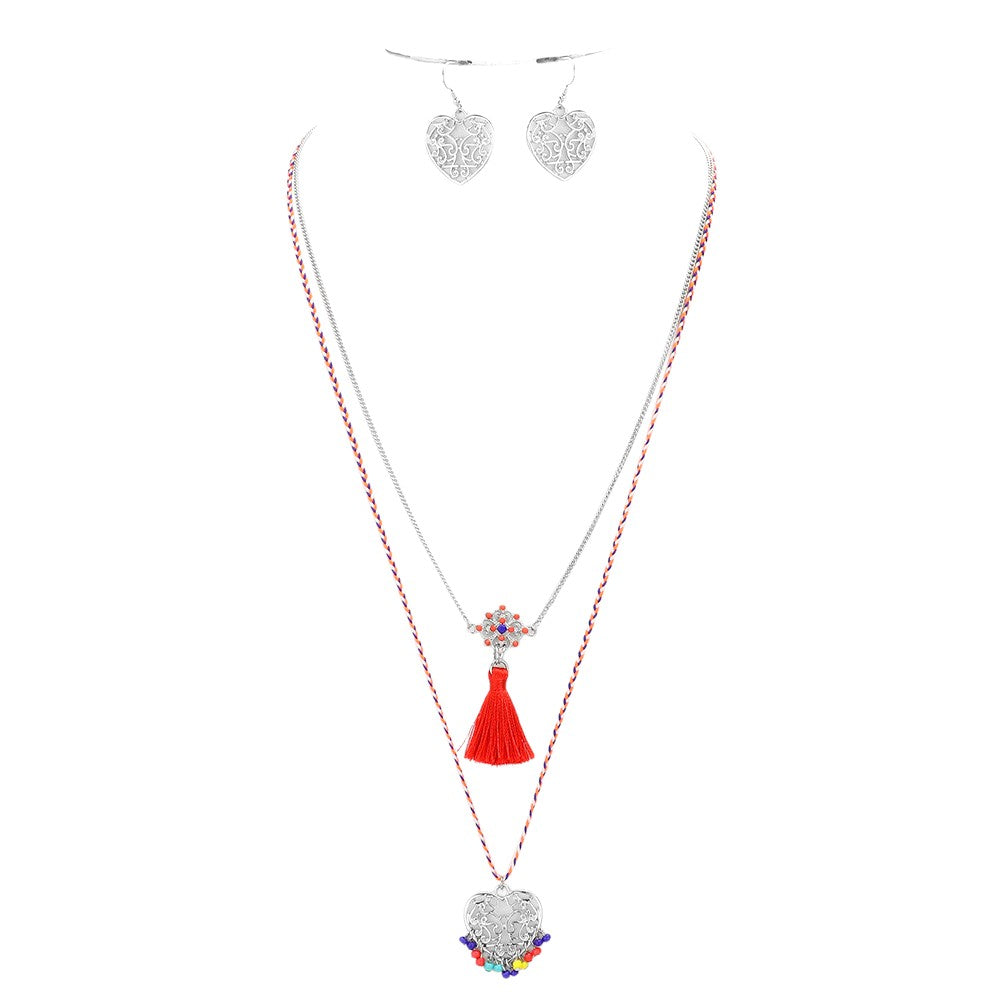 Heart Pendant Necklace With Tassel Set