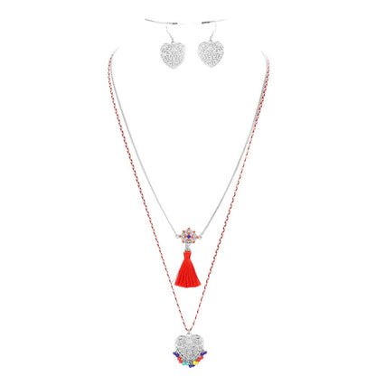 Heart Pendant Necklace With Tassel Set