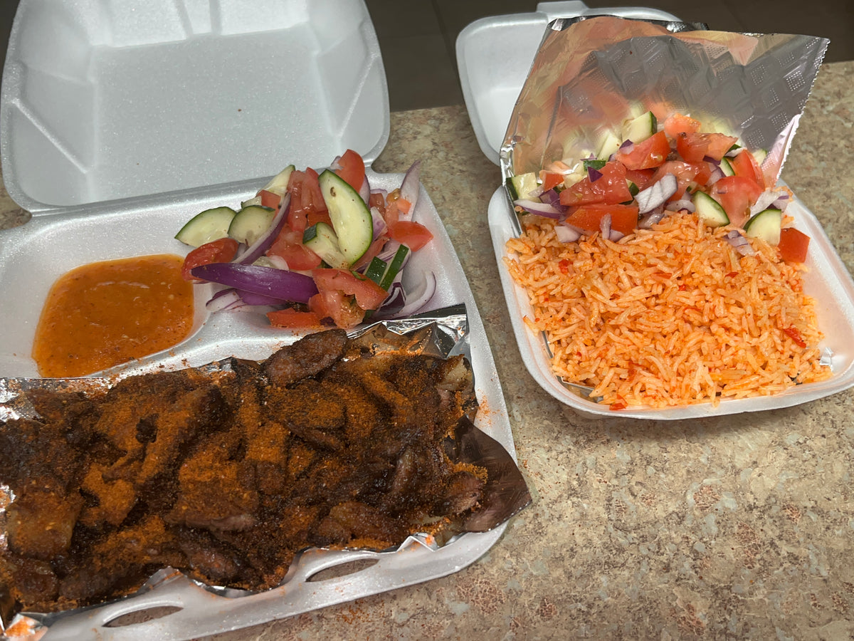 BEEF SUYA AND SMALL PLATE OF JOLLOF RICE