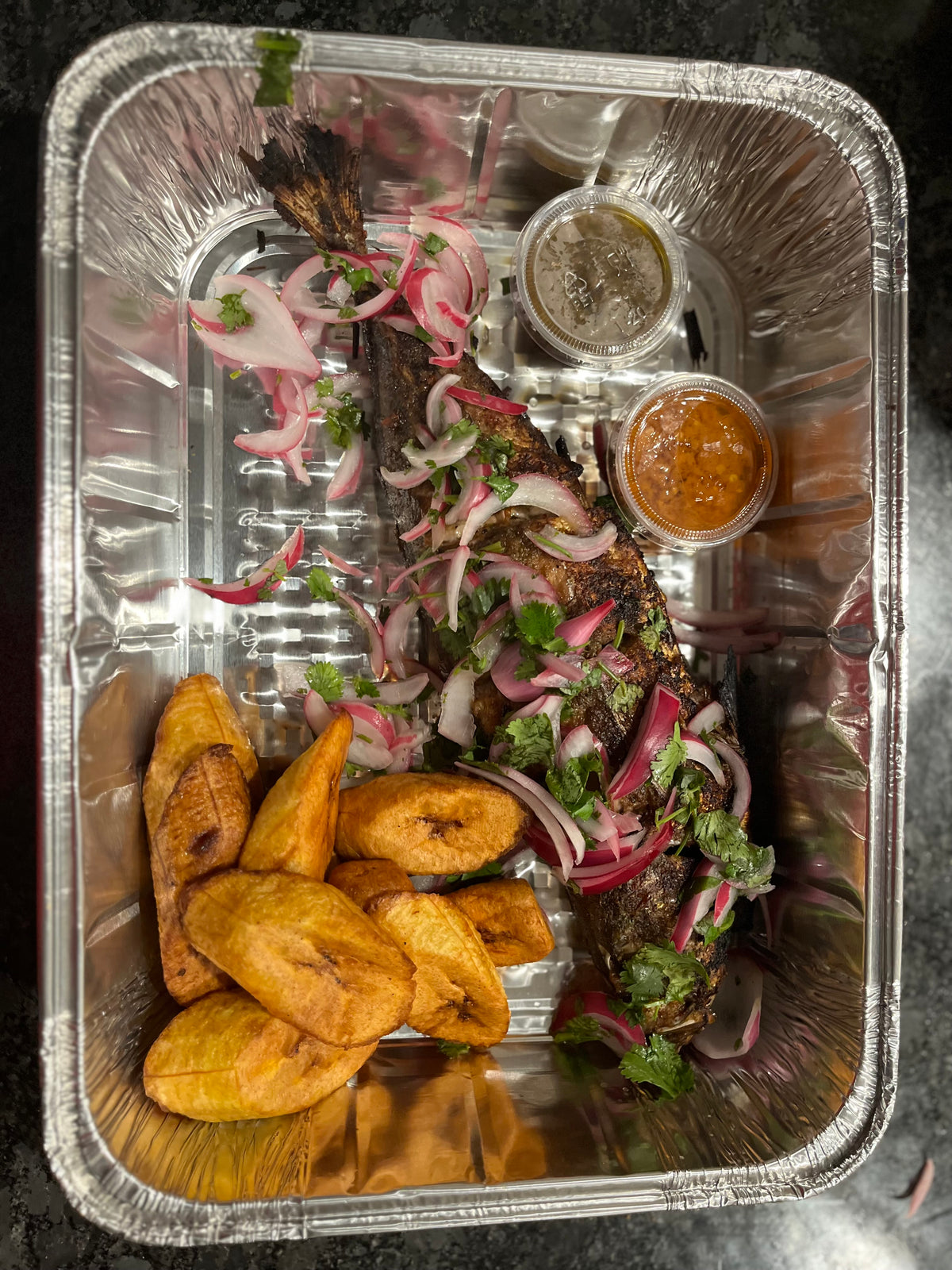 Grilled Mackerel Fish With Fried Plantain