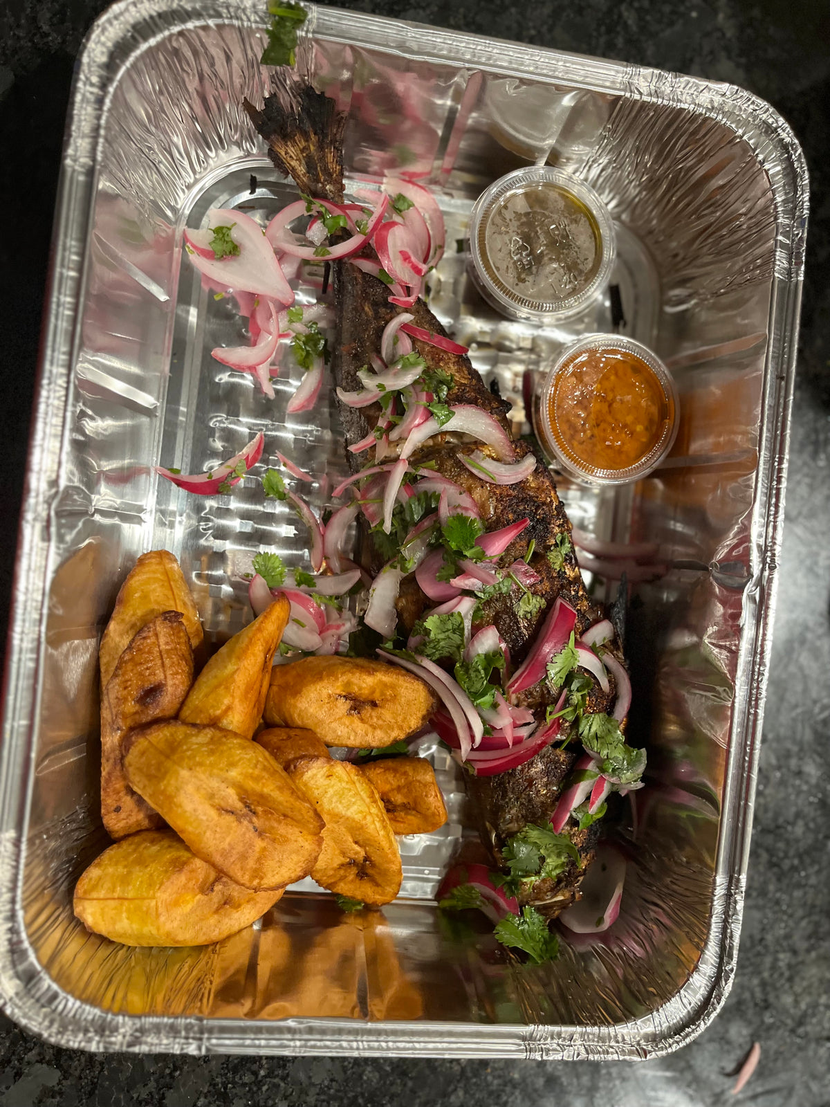 Grilled Mackerel Fish With Fried Plantain