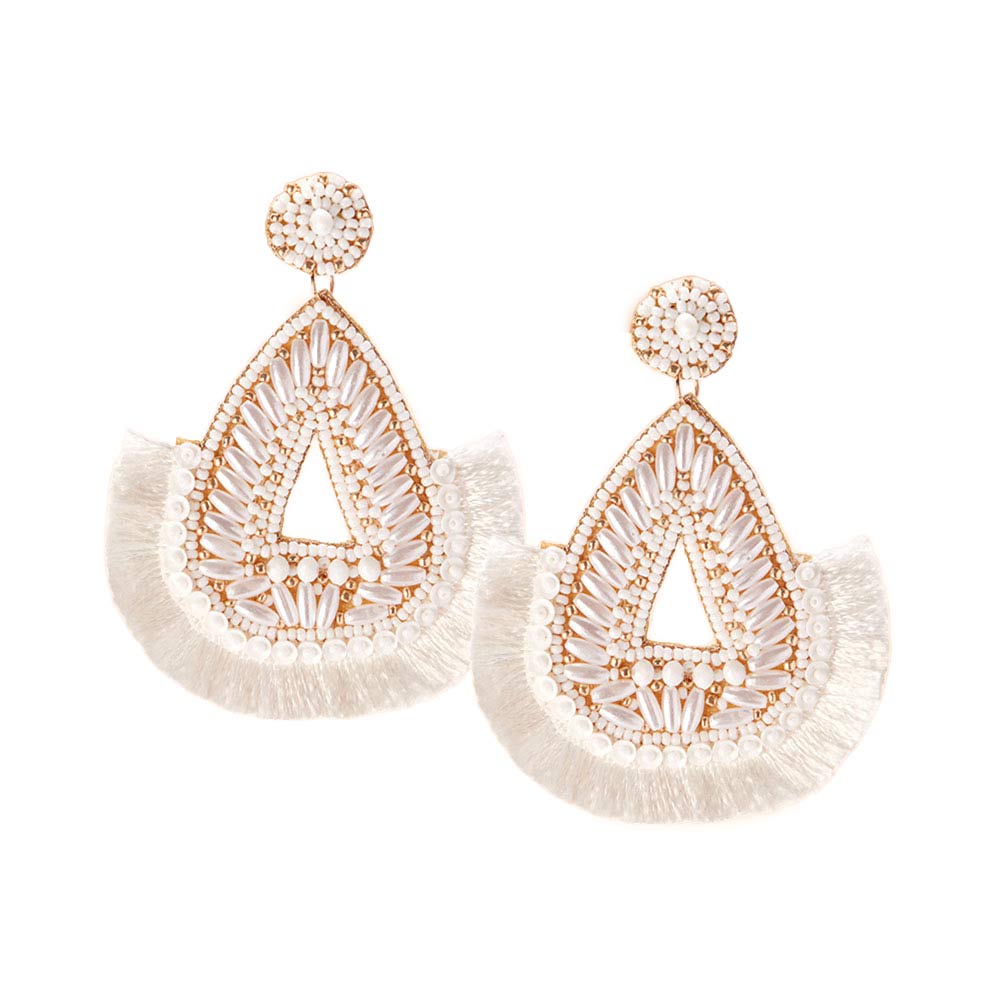 Felt Back Beaded Teardrop Thread Fringe Dangle Earrings