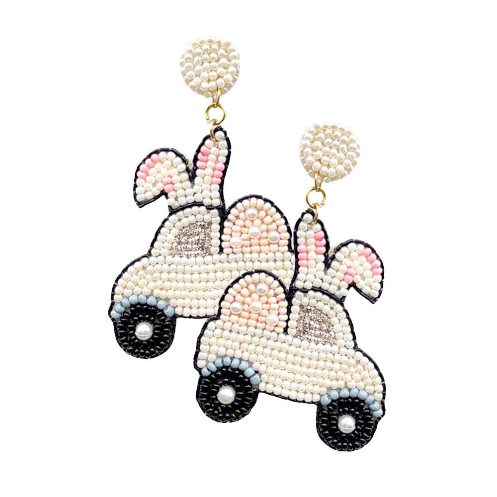 Felt Back Seed Beaded Easter Bunny Car Dangle Earrings