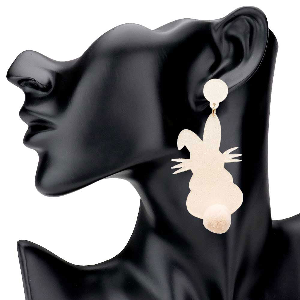 Glittered Resin Easter Bunny Pom Pom Tail Dangle Earrings