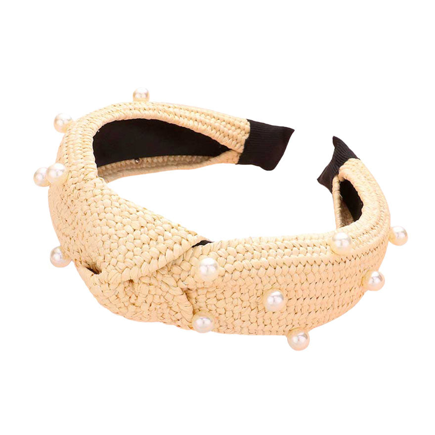 Pearl Embellished Straw Knot Burnout Headband