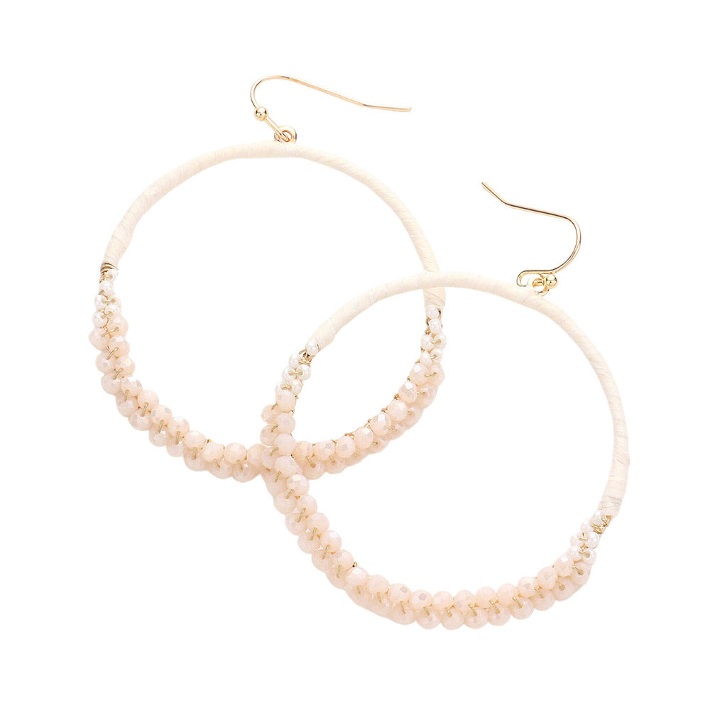 Raffia Faceted Bead Wrapped Open Metal Circle Earrings