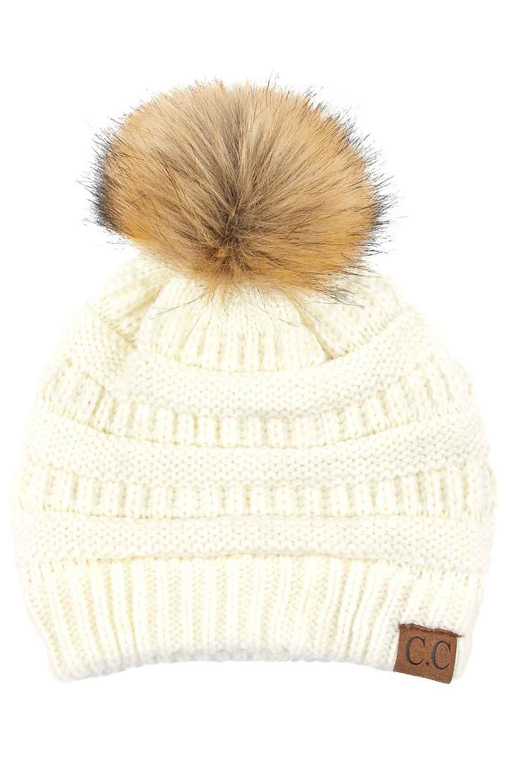 C.C Solid Ribbed Knit Beanie with Pom