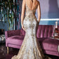 Cinderella Divine J810 Long Fitted Mermaid Gown Metallic Embroidered Lace