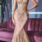 Cinderella Divine J810 Long Fitted Mermaid Gown Metallic Embroidered Lace