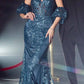 Ladivine J844 Strapless Glitter Floral Print Gown with Detachable Puff Sleeves
