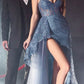 Cinderella Divine J847 Long Fit And Flare Glitter Print Gown with Side Peplum