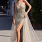 Ladivine J869 Long Fitted Tulle One Shoulder Strap Illusion Neck Gown