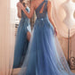 Ladivine J869 Long Fitted Tulle One Shoulder Strap Illusion Neck Gown