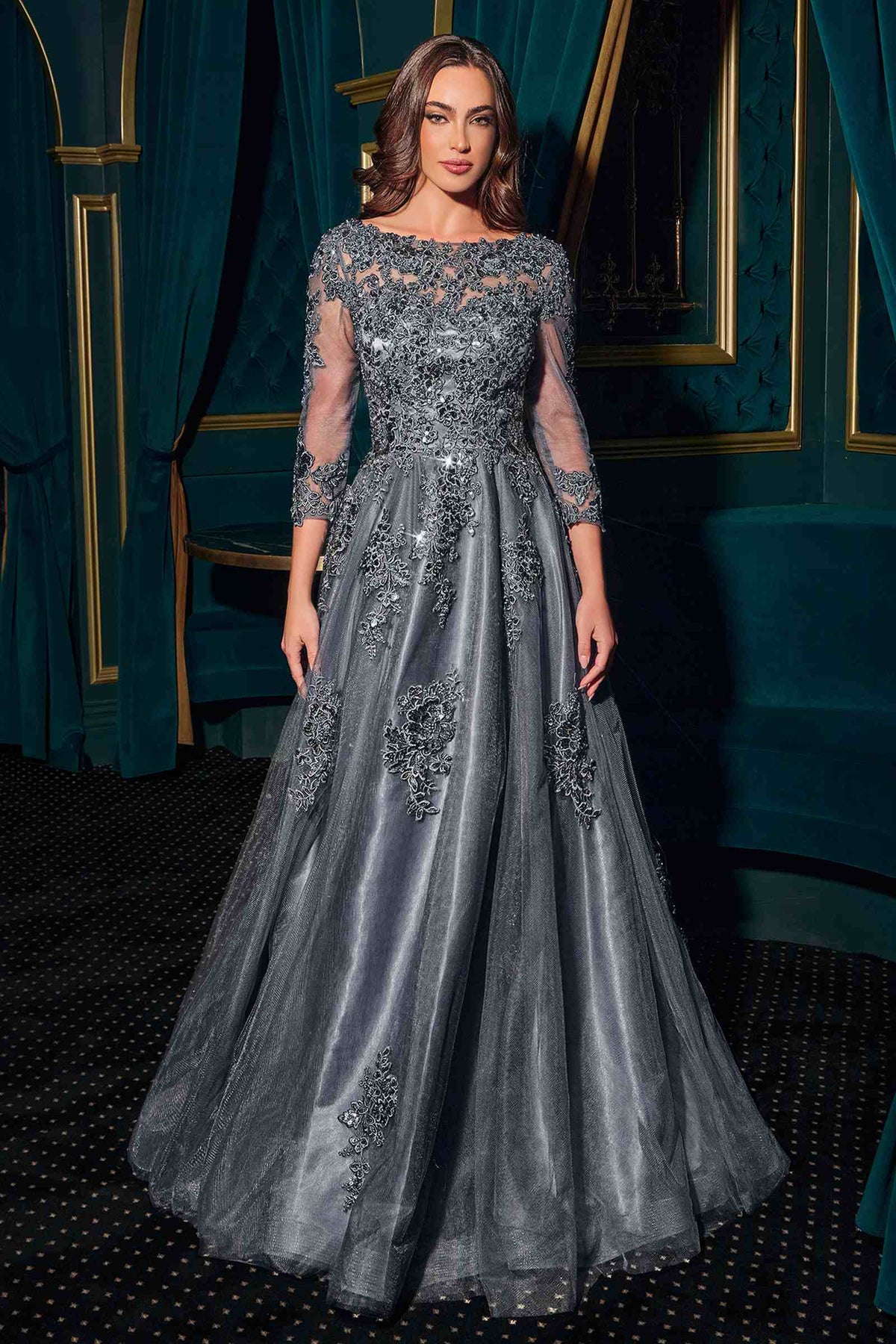 Ladivine J883 Vestido de gala de línea A para madre de la novia, manga larga