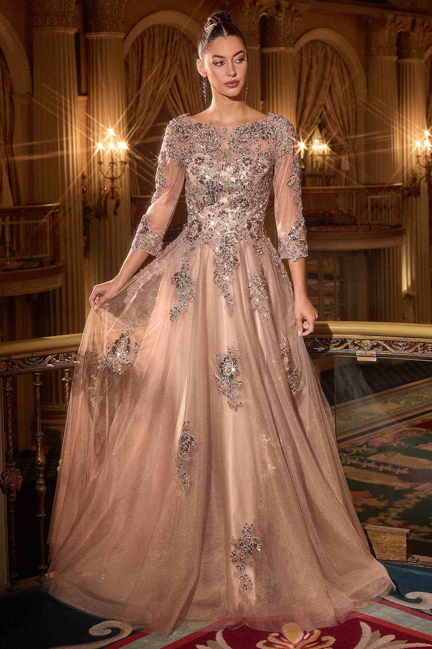 Ladivine J883 Vestido de gala de línea A para madre de la novia, manga larga