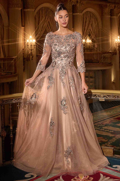 OFERTA - Vestido de fiesta acampanado Ladivine J883 color moca dorado (talla 16)
