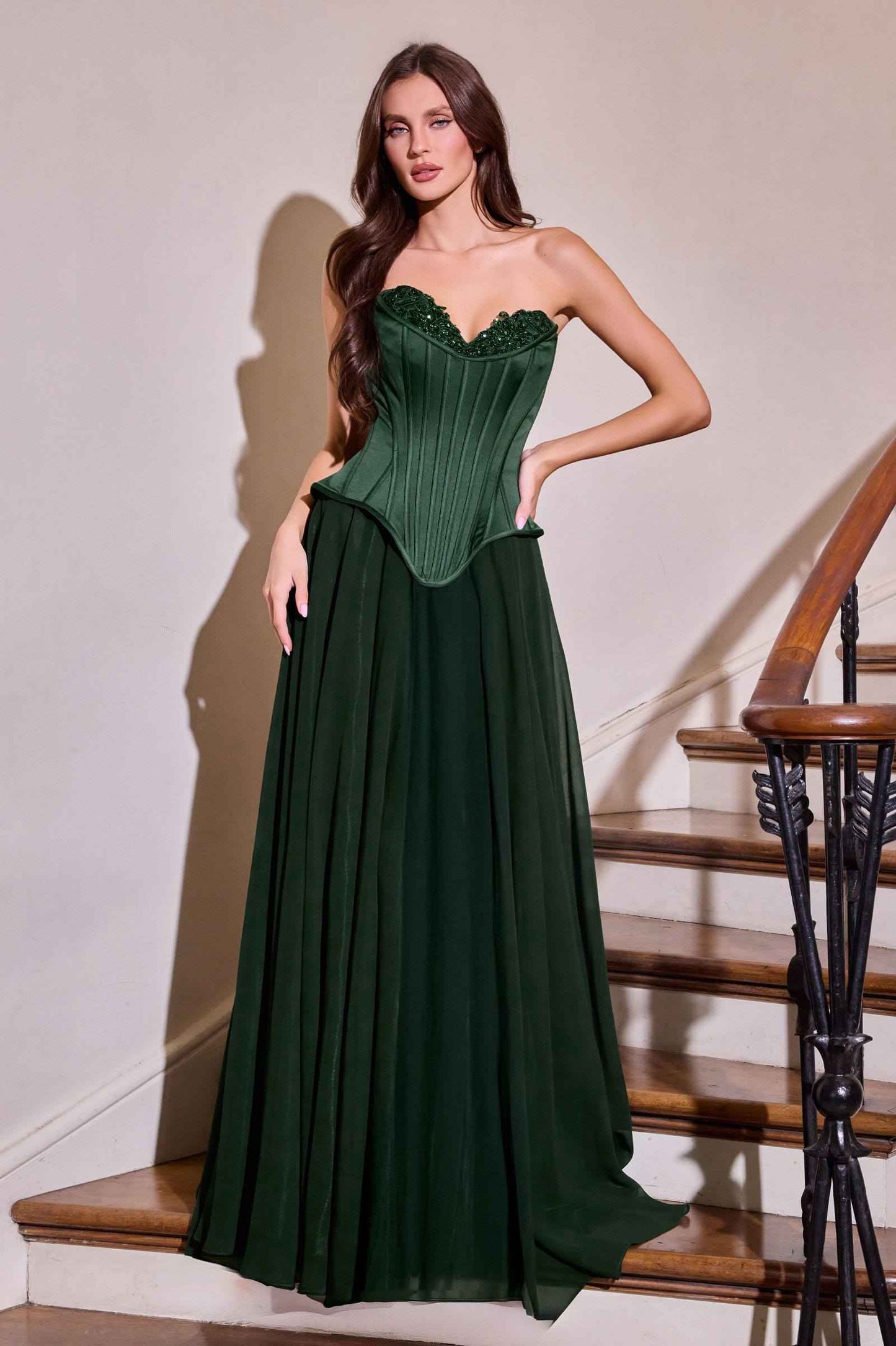 Ladivine J891 Vestido Formal con Corpiño Corsé Ajustado y Falda Acampanada de Gasa