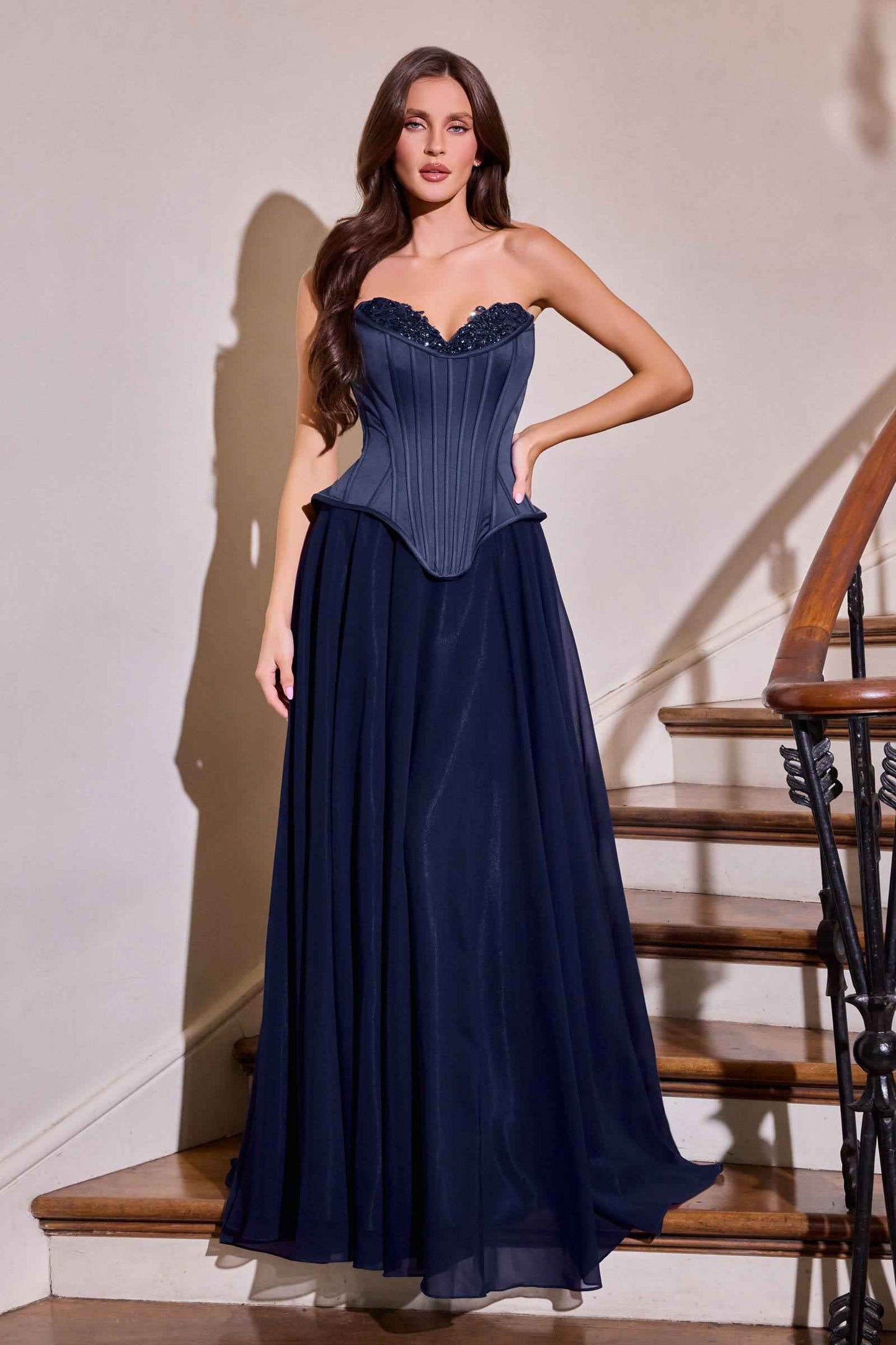 Ladivine J891 Vestido Formal con Corpiño Corsé Ajustado y Falda Acampanada de Gasa