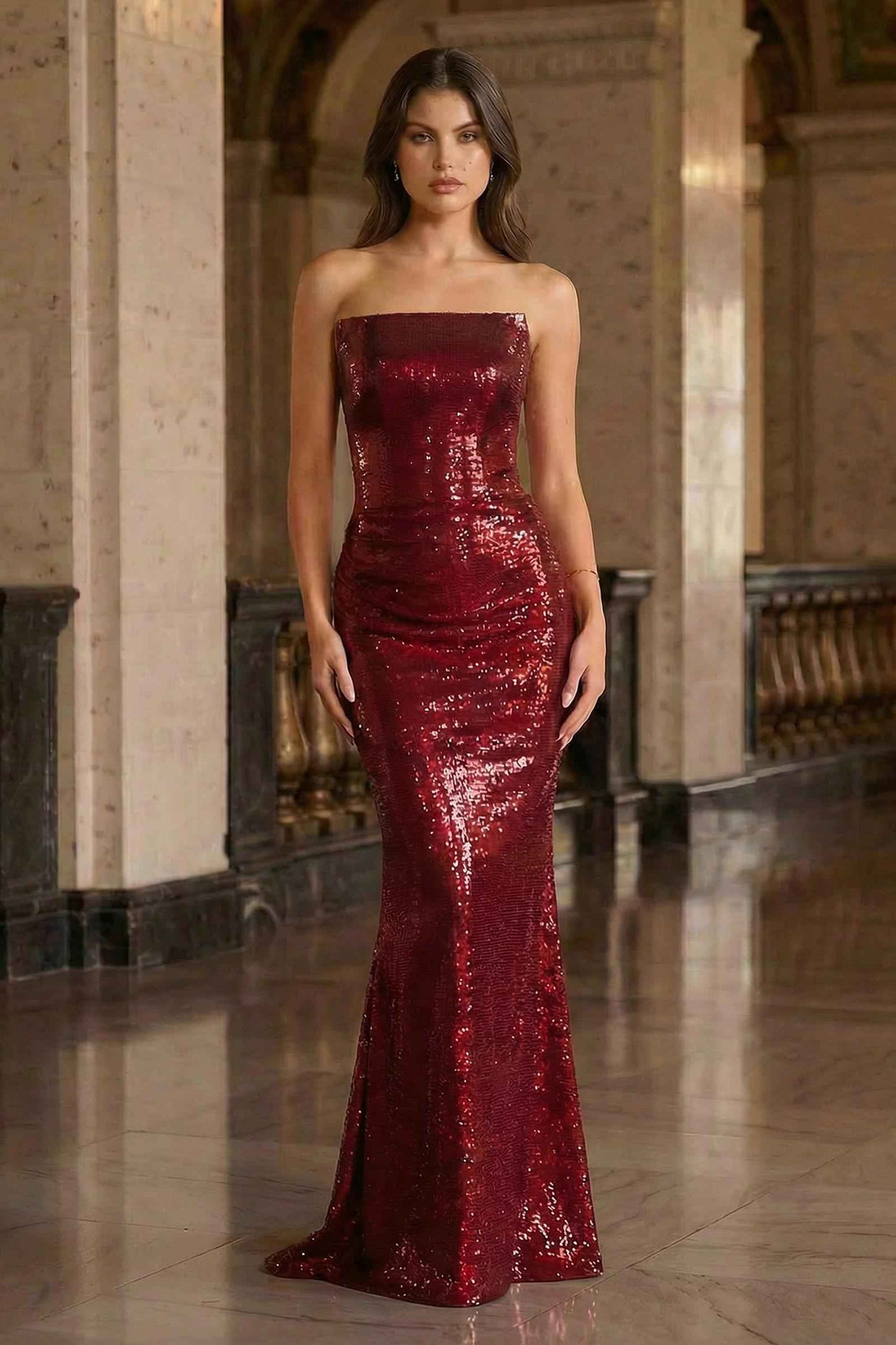 Vestido de noche formal ajustado con lentejuelas sin tirantes Ladivine J904
