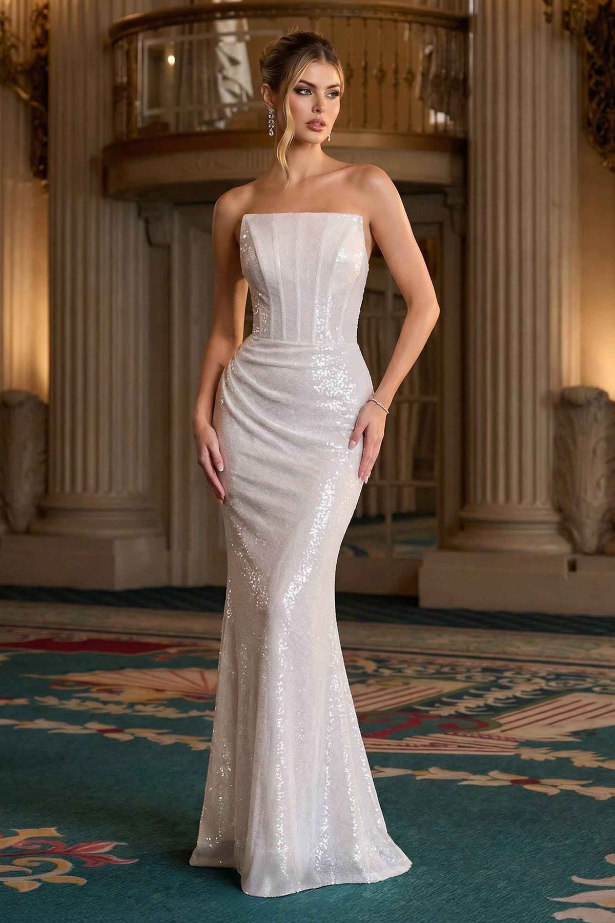 Vestido de noche formal ajustado con lentejuelas sin tirantes Ladivine J904