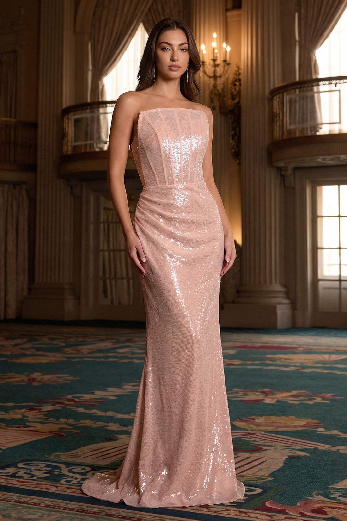 Vestido de noche formal ajustado con lentejuelas sin tirantes Ladivine J904