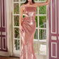 Vestido de noche moderno y ceñido Ladivine J905 sin tirantes con lentejuelas y transparencia lateral