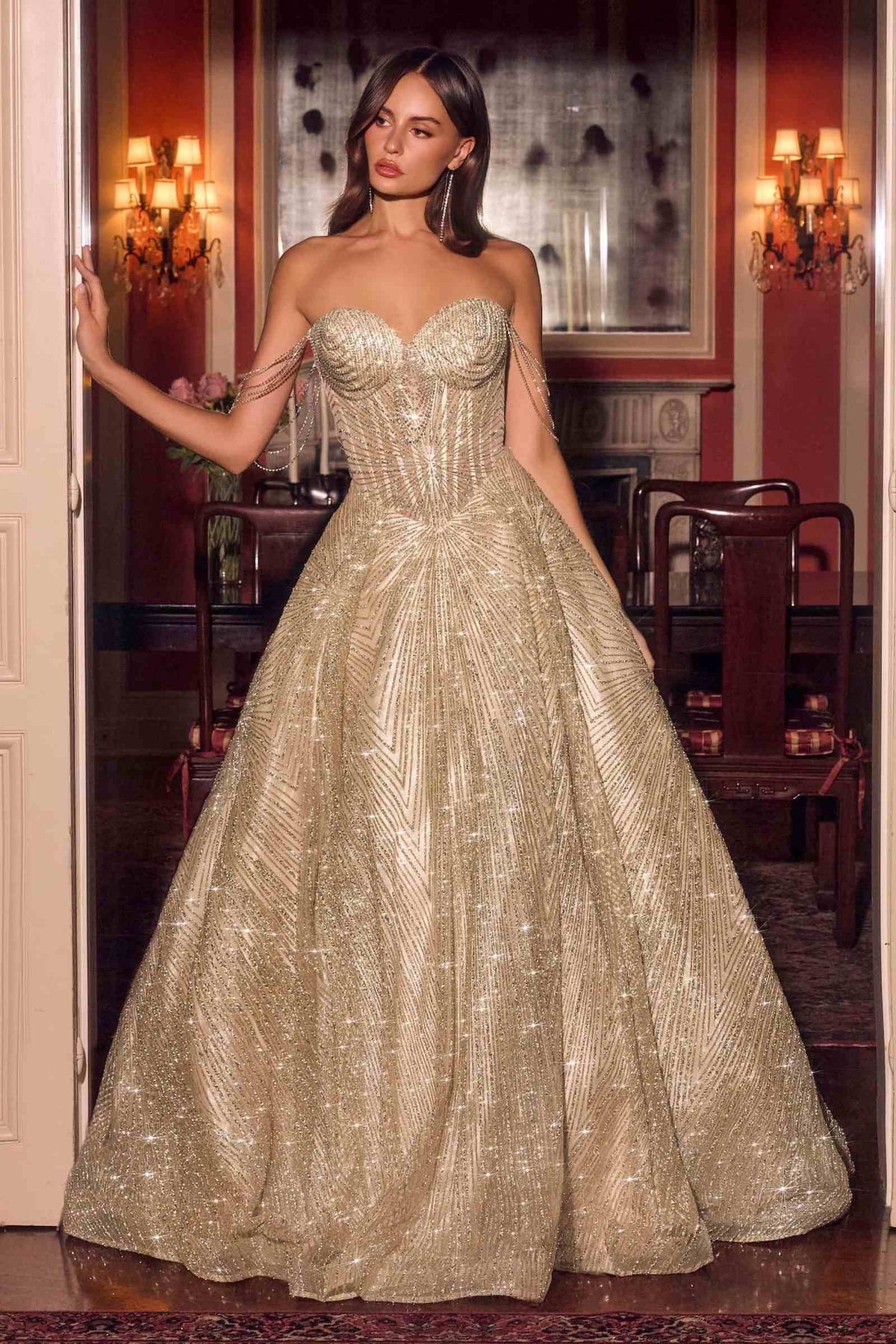 Vestido de gala corsé deshuesado de tul brillante Ladivine J915