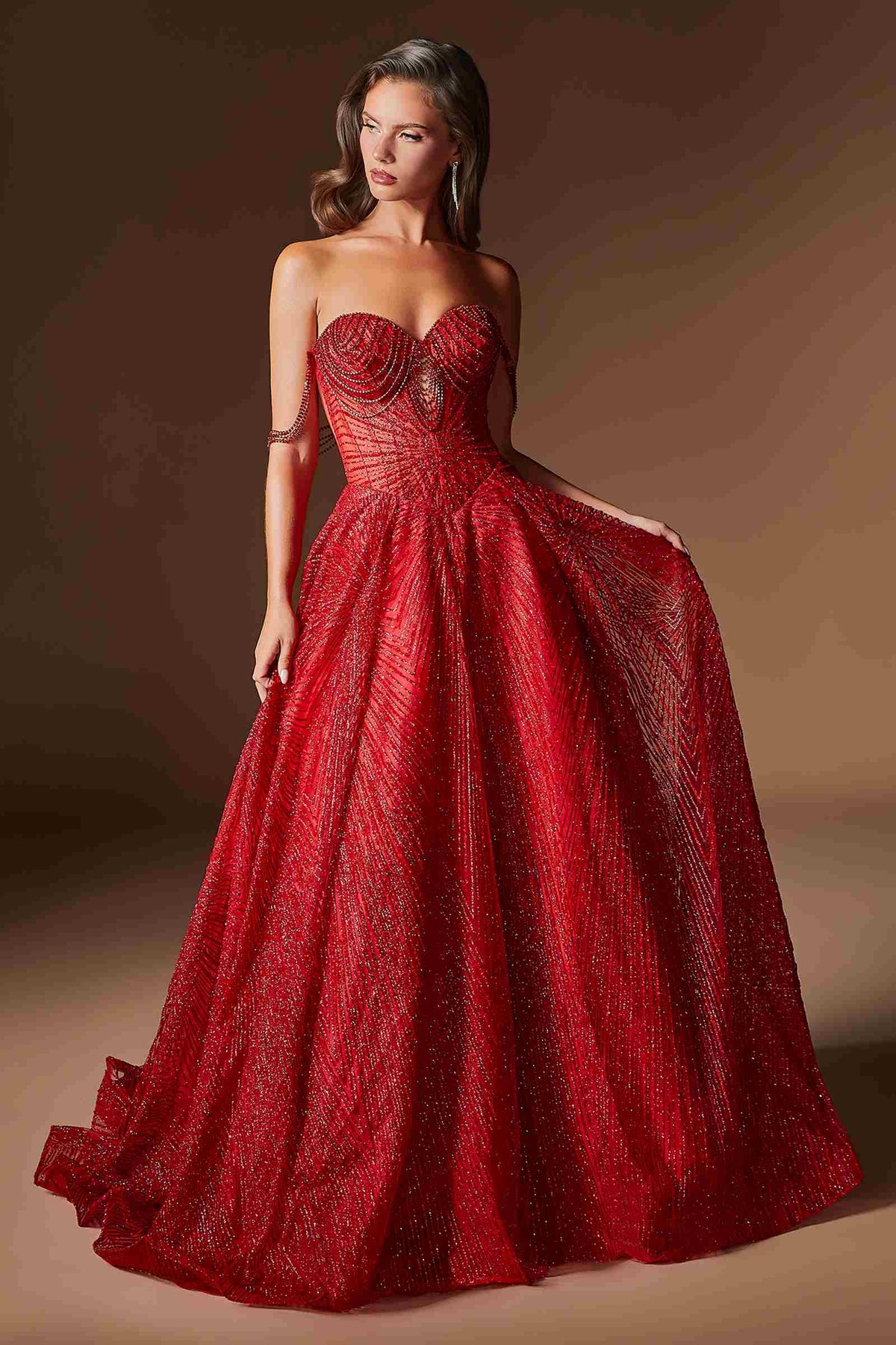 Vestido de gala corsé deshuesado de tul brillante Ladivine J915