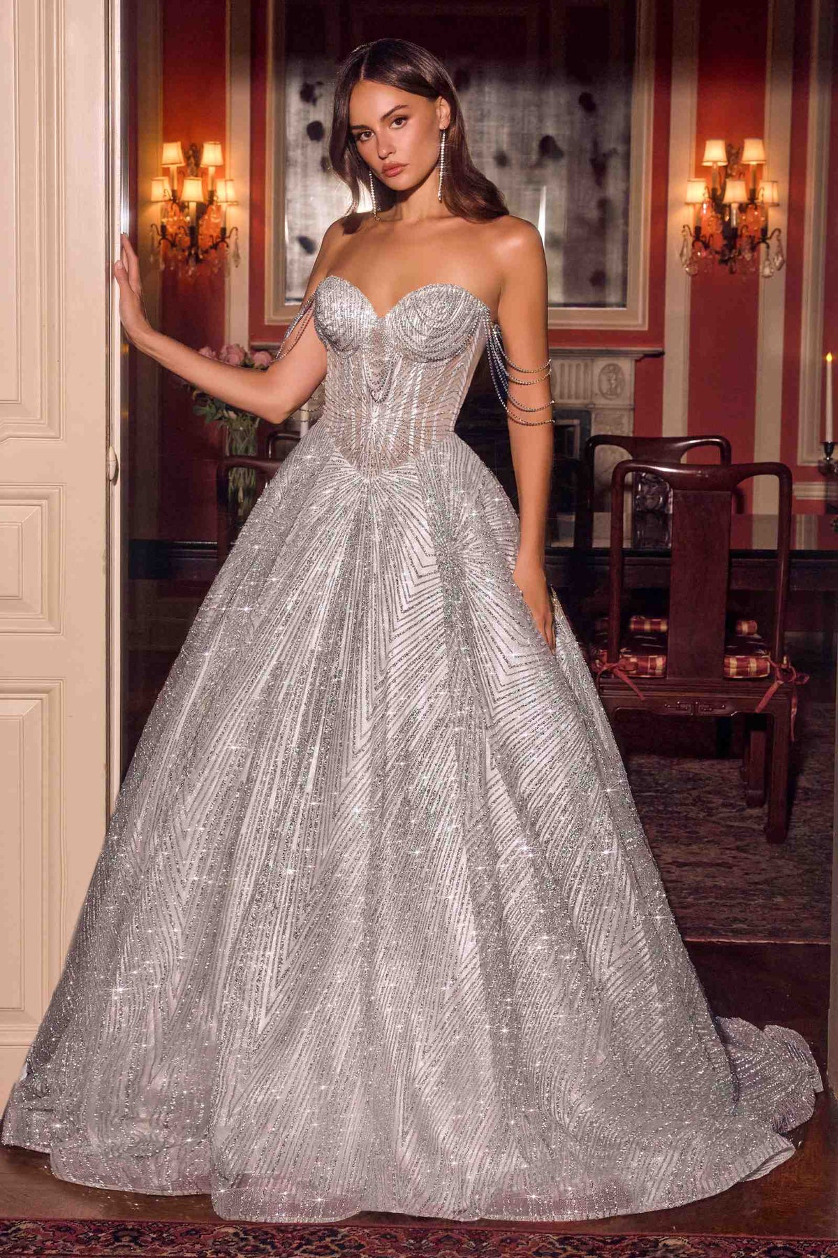 Vestido de gala corsé deshuesado de tul brillante Ladivine J915