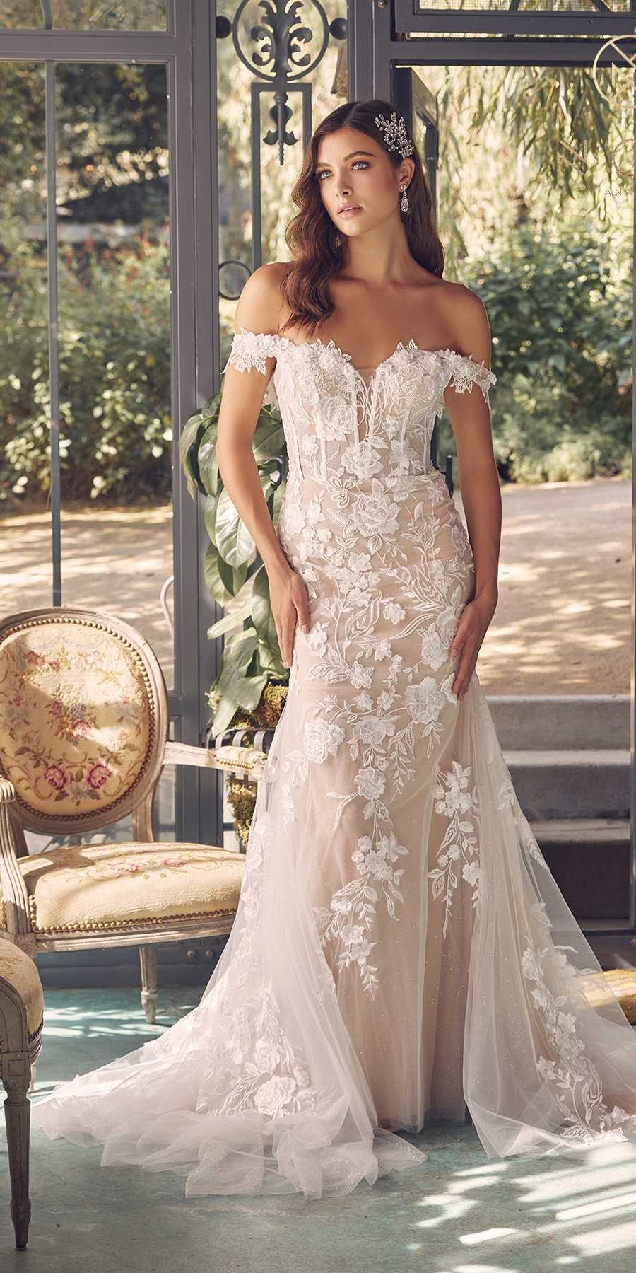Vestido de novia largo sin hombros entallado bordado Nox Anabel JE974