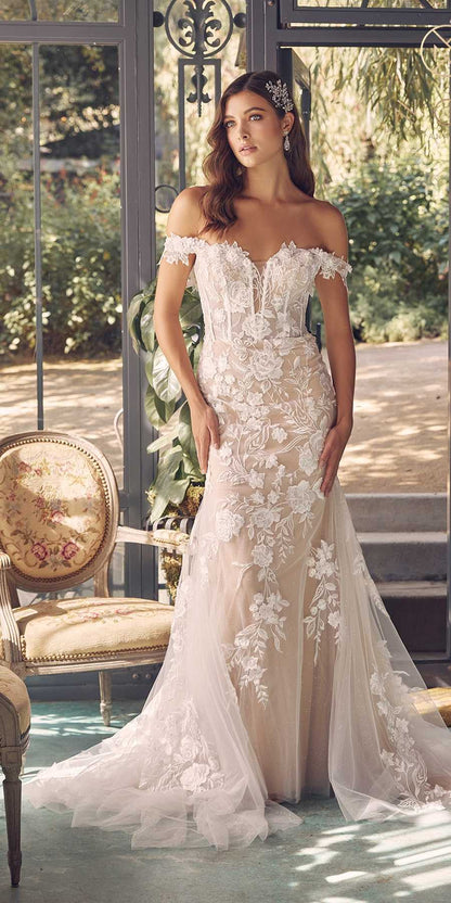 Vestido de novia largo sin hombros entallado bordado Nox Anabel JE974