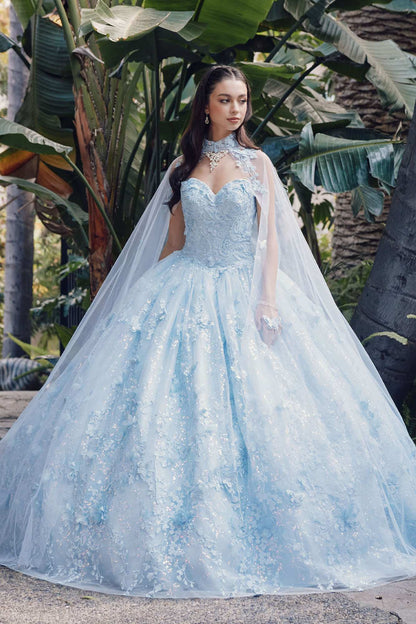 Vestido de Quinceañera Juliet JT1449J Estraple Abullonado con Escote Corazón Incluye Capa