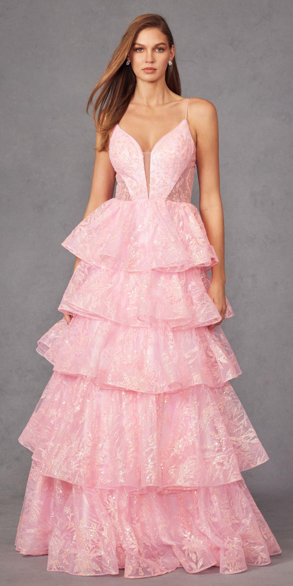 Vestido Largo de Noche A-Line en Capas con Estampado Brillante Juliet JT2438K