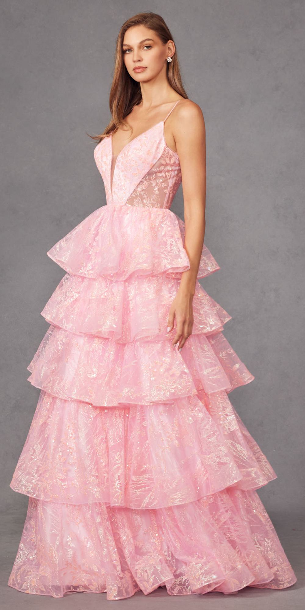 Vestido Largo de Noche A-Line en Capas con Estampado Brillante Juliet JT2438K