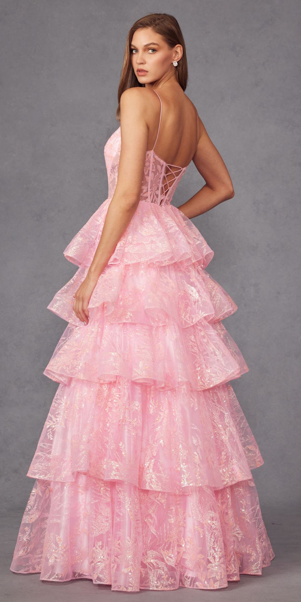 Vestido Largo de Noche A-Line en Capas con Estampado Brillante Juliet JT2438K