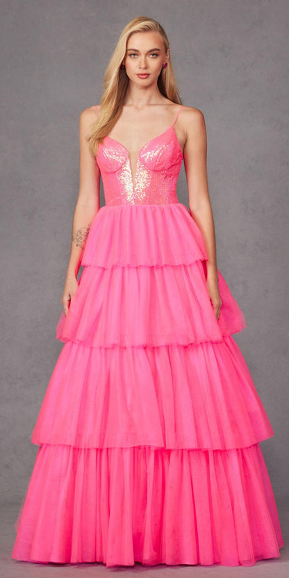 Vestido largo de tul acampanado con volantes y corpiño de lentejuelas Juliet JT2457H