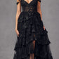 Juliet JT2463A Long Tiered Ruffled Skirt A-Line Boned Bodice Dress