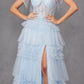 Juliet JT2465A Long Glitter Tulle A-Line Leg Slit Ribbon Bow Strap Gown